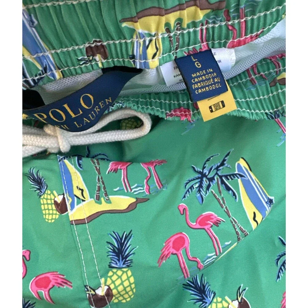 POLO Ralph Lauren 36 Men’s Swim Trunks Green Surf Flamingo Shorts Made Fr Europe